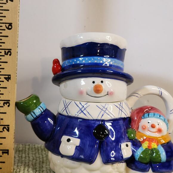 Snowman & Child Christmas Teapot Hand Painted Blue Winter Holiday Ceramic Décor - Picture 6 of 6